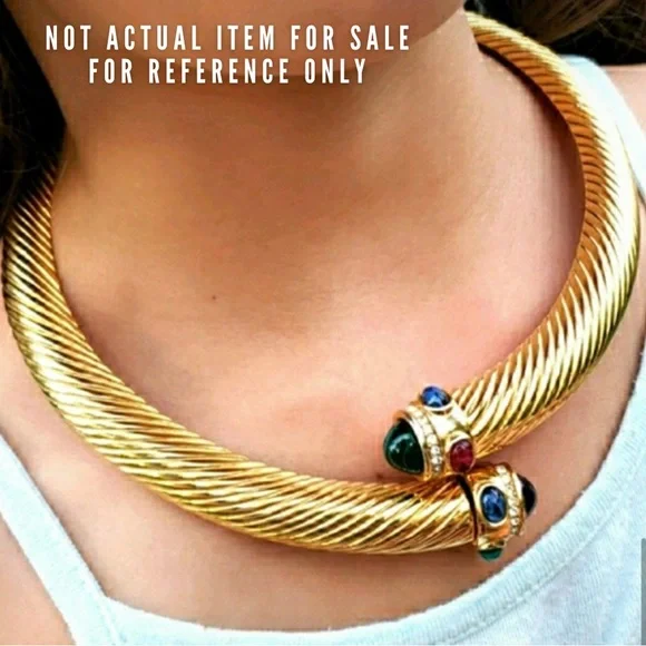 Vintage Givenchy 18k Gold Plated Torque Necklace w/ Glass Stones & Rhinestones - Picture 3 of 16